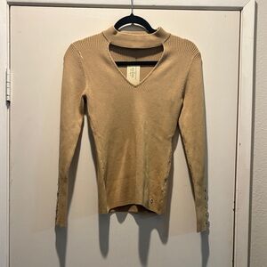 Guess Tan Ribbed Cutout Neck Sweater Top